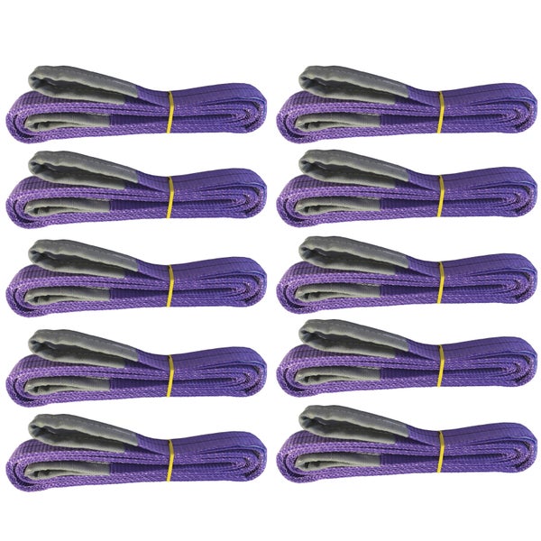 Set aus zehn violetten Hebebändern aus Polyester zum Heben von Lasten.