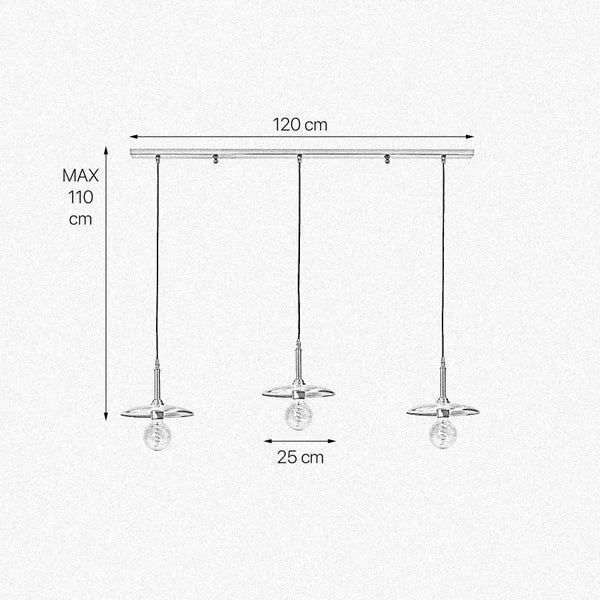 Technische Zeichnung einer Hängeleuchte mit drei Lampen, Maße: 120 cm breit und maximal 110 cm hoch, Lampendurchmesser 25 cm
