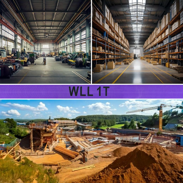 Collage zeigt Einsatzbereiche für Hebebänder mit einer Tragfähigkeit von 1 Tonne in einer Fabrik, einem Lager und auf einer Baustelle.