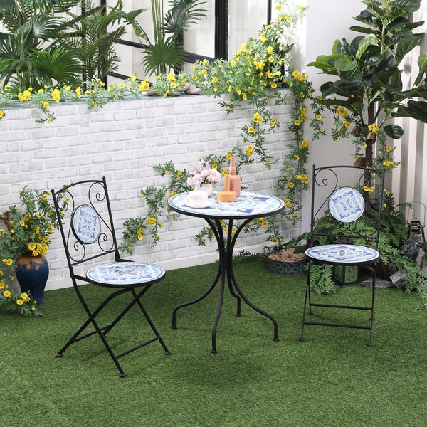 Outsunny 3tlg. Garten Sitzgruppe, mit Ø 61 cm Tisch+2 faltbare Stühle, Stahl, Blau