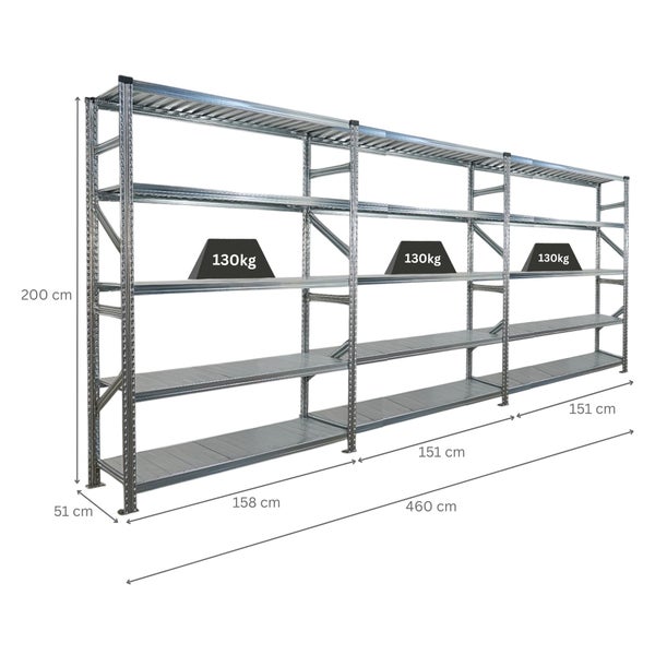 Metallregal mit vier Ebenen und den Maßen 200 x 460 x 51 cm und einer Belastbarkeit von 130 kg pro Ebene