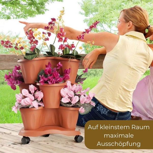 Pflanzturm Erdbeerturm Pflanzkübel auf Rollen Vertikaler Garten Kräuterspirale Säulentopf SET 3 Ebenen Kräutergarten Roller Blumentopf stapelbar terracotta
