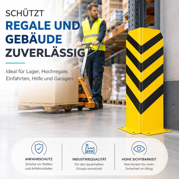 Rammschutz für Regale im Lager, schützt vor Anfahrschäden, hohe Sichtbarkeit, Industriequalität, Hintergrund mit Arbeiter und Hubwagen.