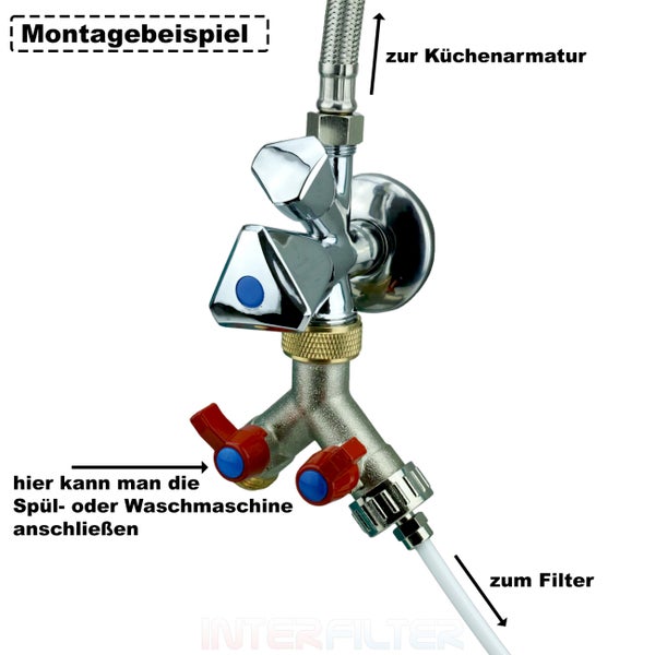 Montagebeispiel eines Geräteanschlussventils mit zwei Abgängen zum Anschluss von Spülmaschine, Waschmaschine und Wasserfilter an eine Armatur.