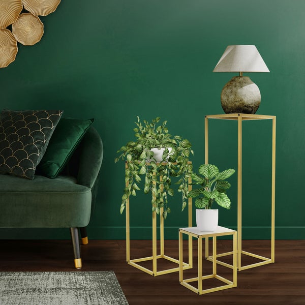 ML-Design Blumenständer 9er Set aus Metall in Gold, 22x22x30/26x26x60/30x30x90 cm, Deko Blumenhocker Blumensäule Säulentisch Pflanzenständer Blumentopfhalter Stapelbar Pflanzenhocker für Blumentopf
