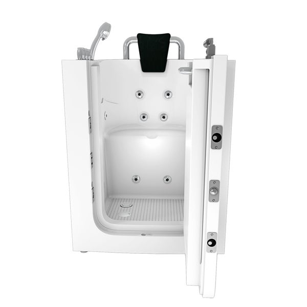 Geöffnete, begehbare Badewanne mit Massagefunktion, Duschkopf und Nackenstütze.