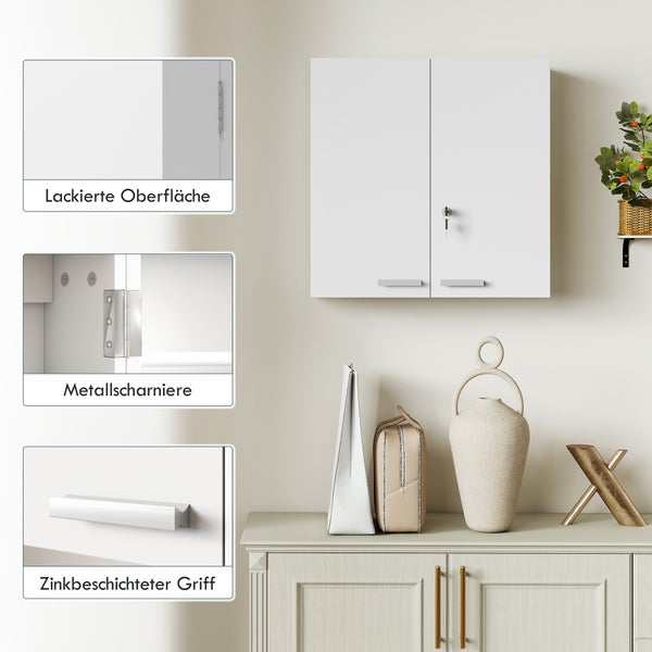 Weißer Wand-Hängeschrank mit zwei abschließbaren Türen, lackierter Oberfläche, Metallscharnieren und zinkbeschichteten Griffen.
