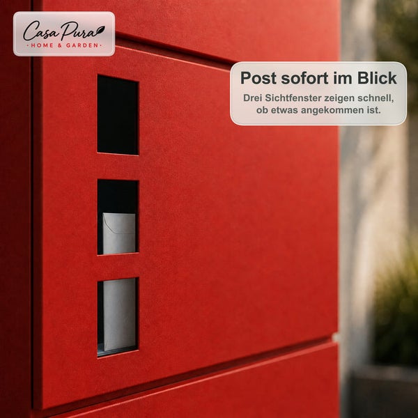 Wandbriefkasten mit drei Sichtfenstern zur Postkontrolle und Casa Pura Logo