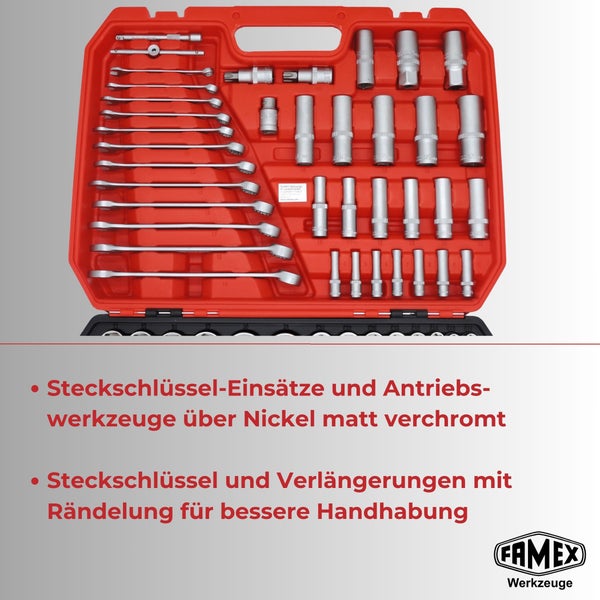 FAMEX Werkzeugkoffer mit Ringmaulschlüsseln, Steckschlüsseleinsätzen und Verlängerungen aus matt verchromtem Stahl.