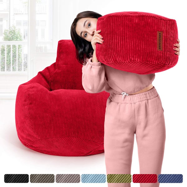 Green Bean Sitzsack mit Hocker aus Cord - Sitzsäcke für das Wohnzimmer, Schlafzimmer, Sitzsack-Sessel für Erwachsene Rot