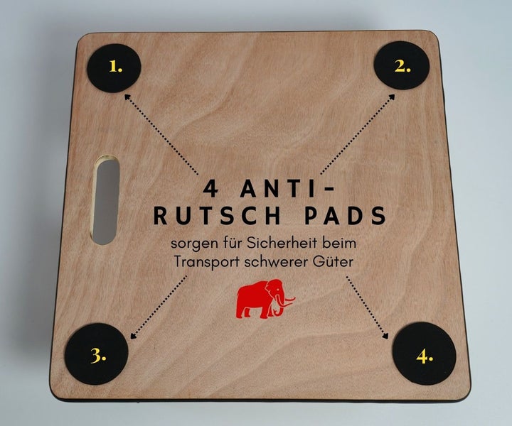 Transportroller aus Sperrholz mit vier Antirutschpads und Tragegriff für den sicheren Transport schwerer Lasten.
