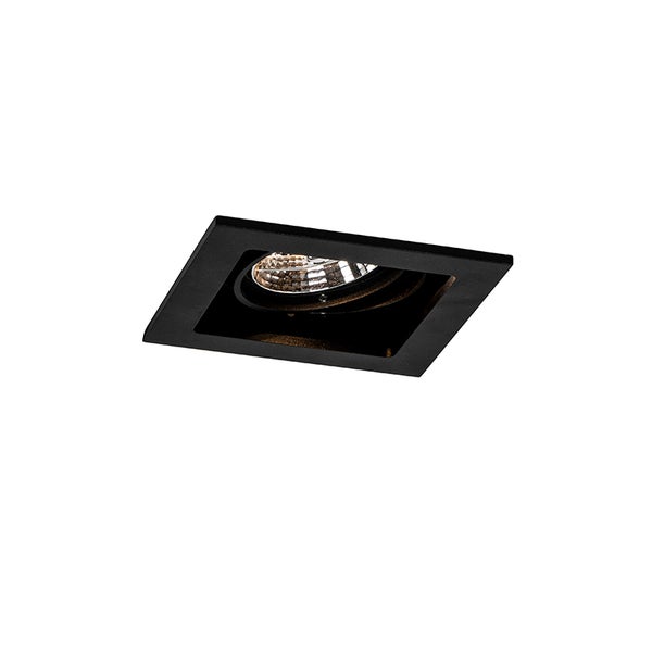 Quadratischer Einbaustrahler in Schwarz für die Deckenmontage mit sichtbarem Leuchtmittel.