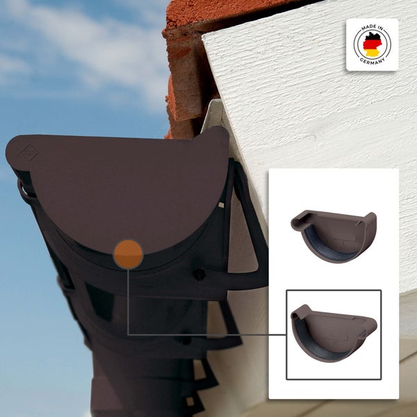 Dachrinnenendstück aus Kunststoff mit Gummidichtung, montiert an einer Dachrinne am Hausdach, inklusive Detailansichten. Hergestellt in Deutschland.