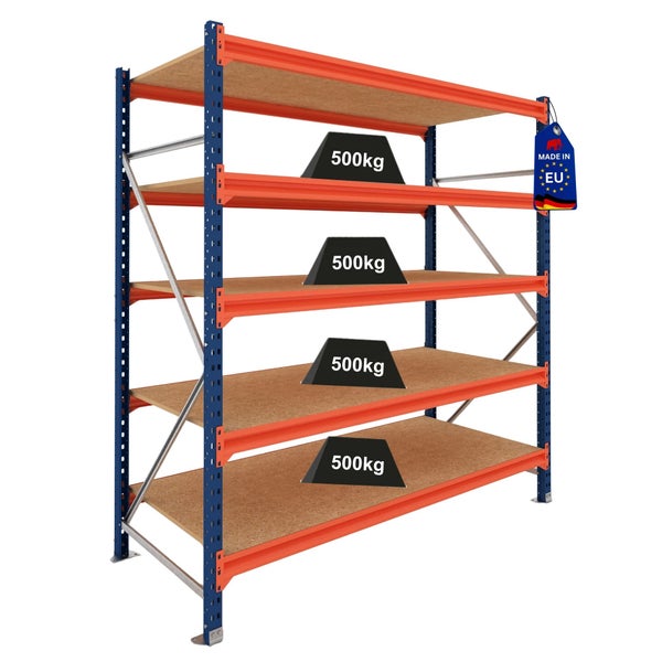 Schwerlastregal mit blau-orangem Metallgestell, 5 Holzböden und einer Tragkraft von 500 Kilogramm je Boden.
