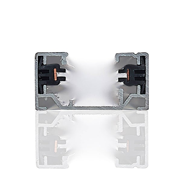 Querschnitt einer silbernen Stromschiene aus Aluminium mit Kupferleitern und schwarzer Isolierung.