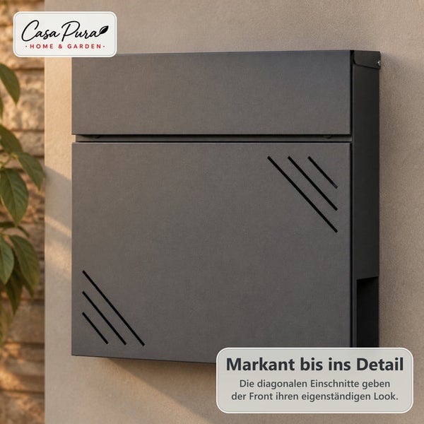 Wandbriefkasten aus Metall mit modernem Design und dekorativen diagonalen Einschnitten in der Front zur Postaufbewahrung