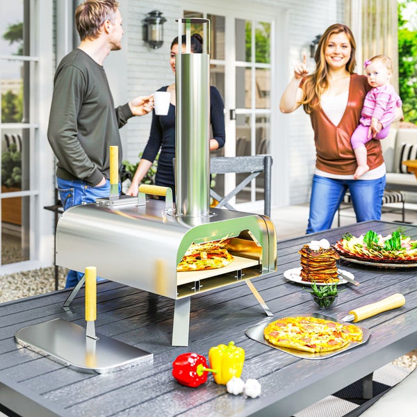 Outsunny Outdoor Pizzaofen Holzbefeuerter Pizza Ofen aus Edelstahl, Backofen mit 1cm dick Pizzastein Klappbein Pizzaschaufel Deckel Tragbarer Holzofen Pizzaöfen für Camping Garten Party