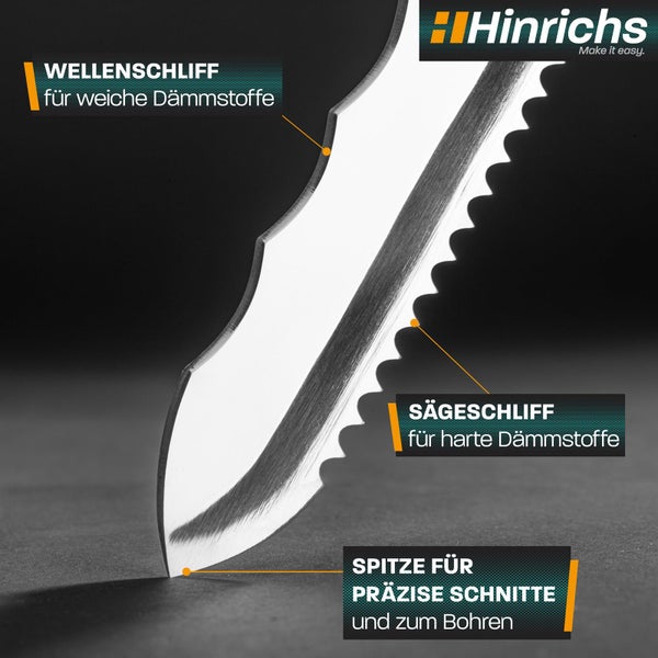 Dämmstoffmesser mit Wellenschliff für weiche Dämmstoffe, Sägeschliff für harte Dämmstoffe und spitzer Klinge für präzise Schnitte. Hinrichs Logo.