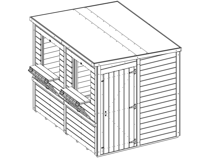 Technische Zeichnung eines Verkaufsstandes aus Holz mit Pultdach, einer Tür und zwei Verkaufsfenstern mit Klappen.