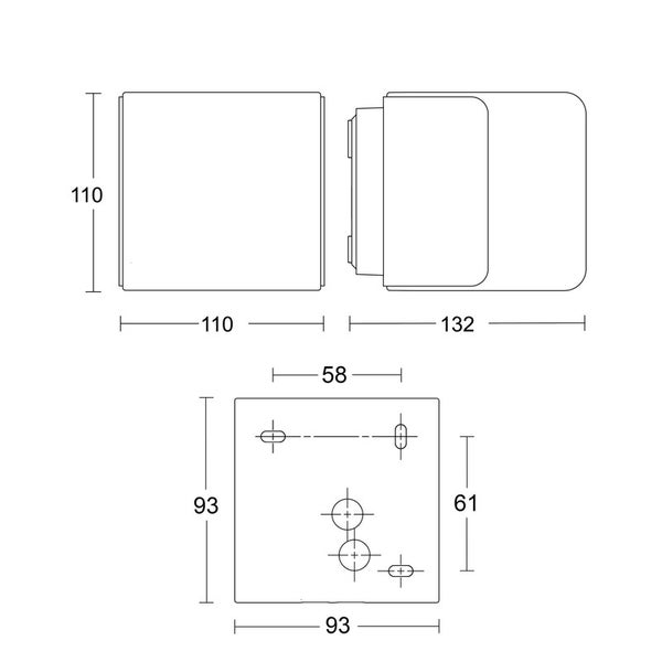 Maßzeichnung einer quadratischen Wandleuchte in Millimeter. Gehäuse 110 mal 110, Tiefe 132, Montageplatte 93 mal 93.