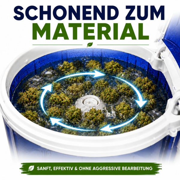 Erntemaschine für schonende Pflanzenverarbeitung in Wasser mit Eiswürfeln und rotierenden Pfeilen.