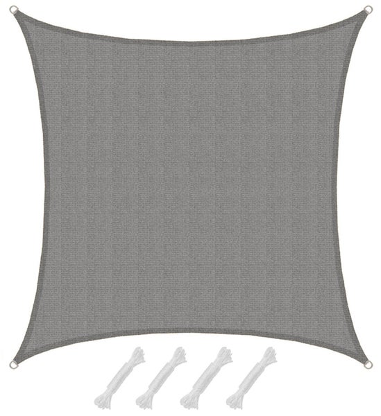 Graues quadratisches Sonnensegel inklusive vier Befestigungsseilen und Metallösen an den Ecken.