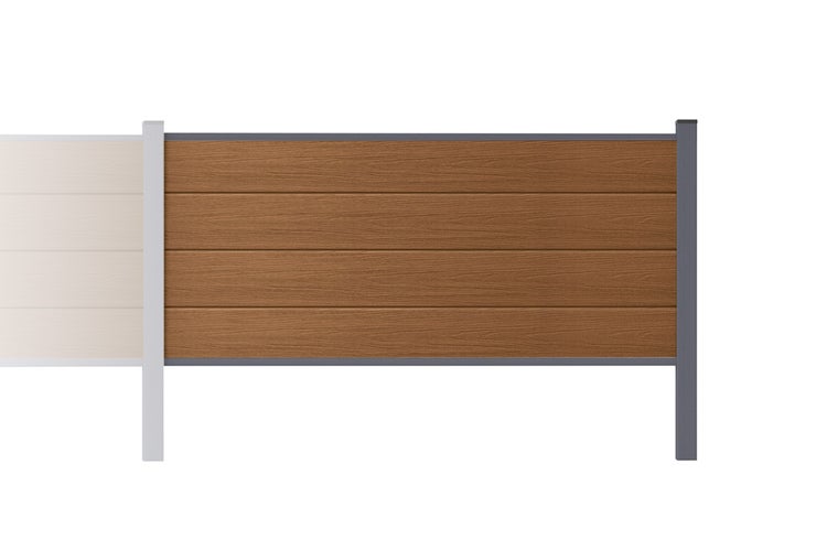 Sichtschutzzaun aus WPC mit horizontalen Lamellen in Holzoptik und anthrazitfarbenem Rahmen.