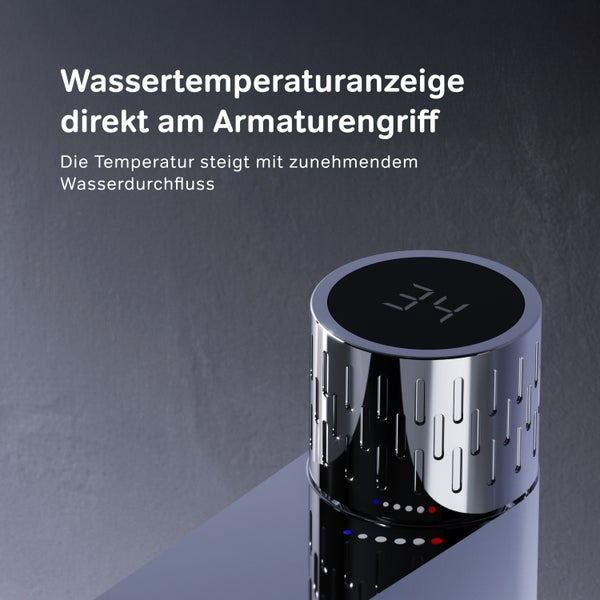 Armaturengriff mit digitaler Wassertemperaturanzeige zeigt Temperatur in Abhängigkeit vom Wasserdurchfluss an.