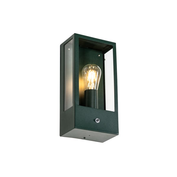 Rechteckige Außenwandleuchte aus Metall und Glas mit Sensor und sichtbarem LED-Leuchtmittel.