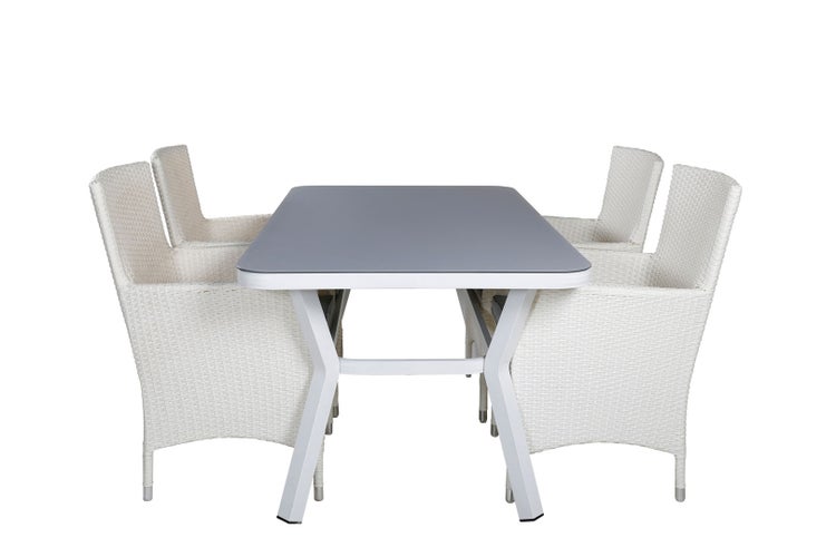 Virya Gartenset Tisch 90x160cm und 4 Stühle Malin weiß, grau. 90 X 160 X 74 cm