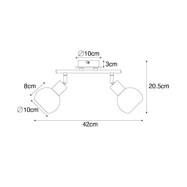 Dimensionszeichnung einer Deckenleuchte mit zwei Strahlern