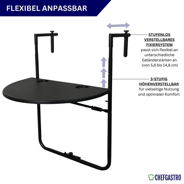 Schwarzer Balkonhängetisch mit dreistufiger Höhenverstellung und stufenlos anpassbarem Fixiersystem für unterschiedliche Geländerstärken.