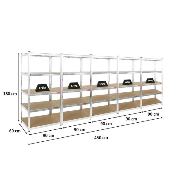 PROREGAL Mega Deal 5x Schwerlastregal Ragnar HxBxT 180 x 90 x 60 cm Fachlast 175 kg Verzinkt