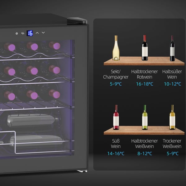 Weinkühlschrank mit Glasfront, Digitalanzeige und Infografik zu empfohlenen Lagertemperaturen für Sekt, Rotwein und Weißwein.