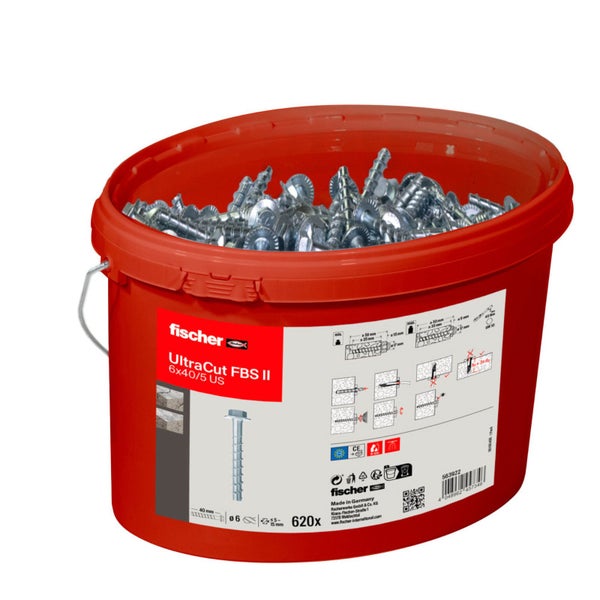 Roter Eimer mit Fischer UltraCut FBS II Betonschrauben, Größe 6x40/5