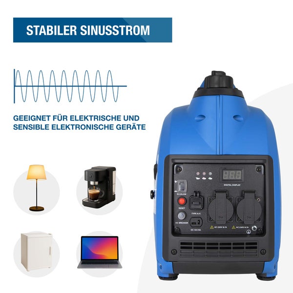 Blauer Inverter-Stromerzeuger mit stabiler Sinuswelle, geeignet für empfindliche elektronische Geräte wie Laptops, Kaffeemaschinen und Lampen.