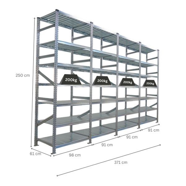Metallregalsystem mit fünf Regalebenen und einer Traglast von 200 kg pro Ebene