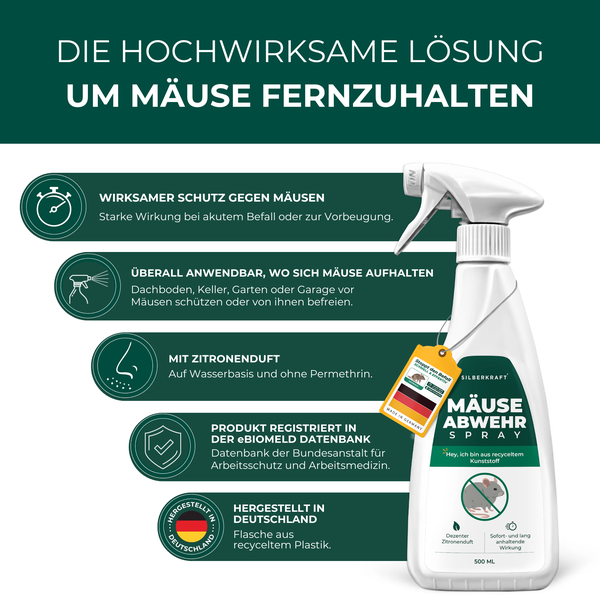 Silberkraft Mäuseabwehr Spray 500 ml, Mäuse zuverlässig fernhalten, Effektive Sofortwirkung, Repellent gegen Mäusebefall, Ideal für Keller, Garage, Haus und Garten