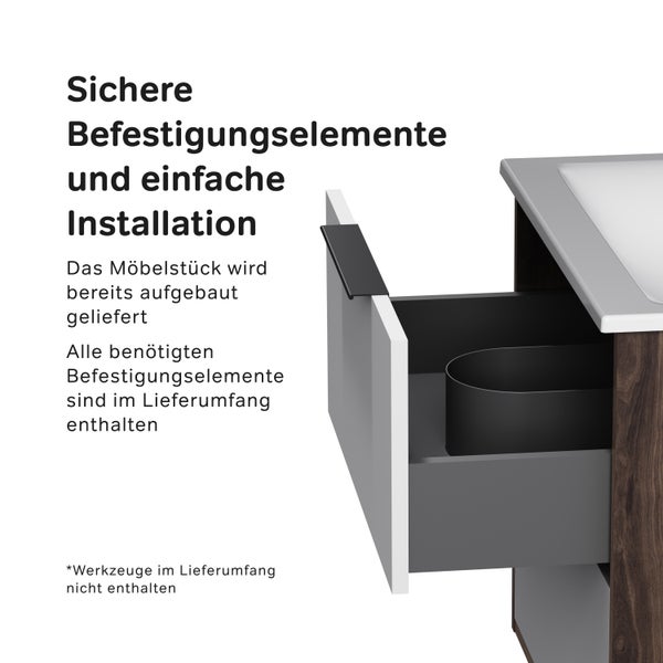 Waschtischunterschrank mit Schublade, vormontiert geliefert inklusive Montagematerial zur einfachen Befestigung.
