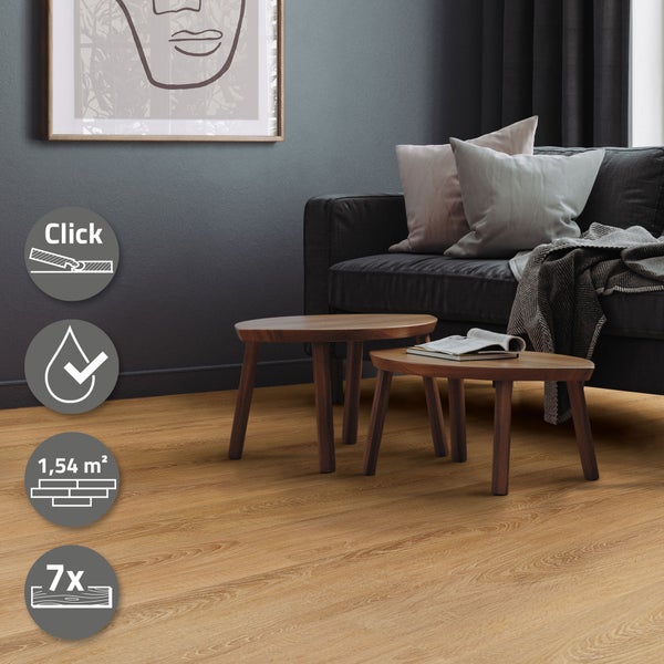ML-Design Deluxe PVC Bodenbelag, Click Vinyl-Dielen, Vinylboden, 122 cm x 18 cm x 4,2 mm, Dicke 4,2 mm, 1,54m²/7 Dielen, Sandbar Eiche, Braun, Holzoptik, rutschfest, wasserfest, Belastungsklasse 34