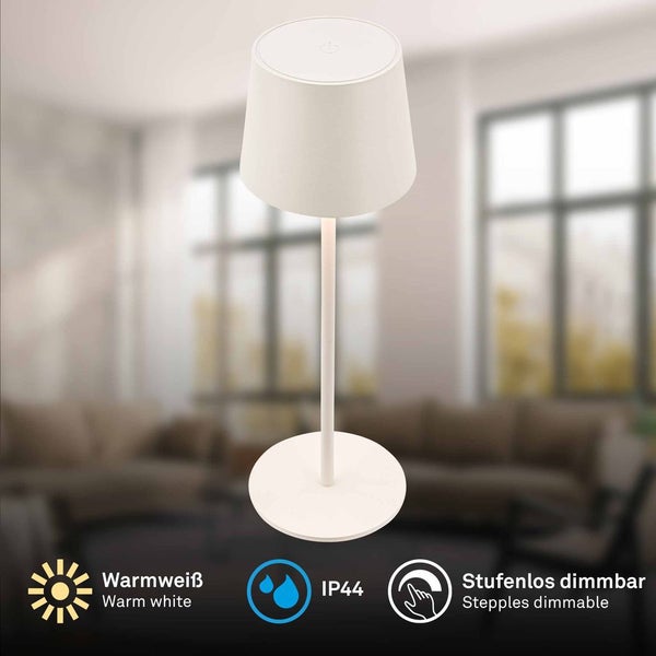 Weiße LED Tischleuchte für innen und außen mit warmweißem Licht, stufenlos dimmbar und Spritzwasserschutz IP44.