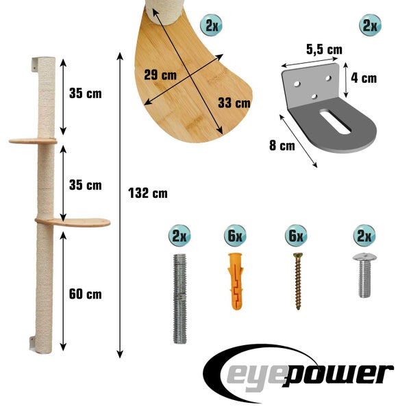 Eyepower Wandkratzbaum Set mit Sisalstamm, Plattformen und Montagezubehör, Gesamthöhe 132 Zentimeter, detaillierte Maßangaben.