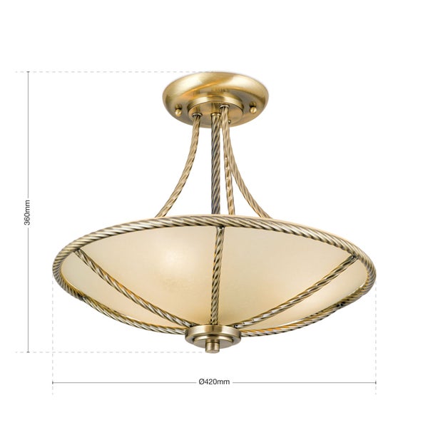 Deckenleuchte im klassischen Design aus Metall mit Milchglas und gedrehten Zierelementen, Durchmesser 420 Millimeter, Höhe 360 Millimeter.
