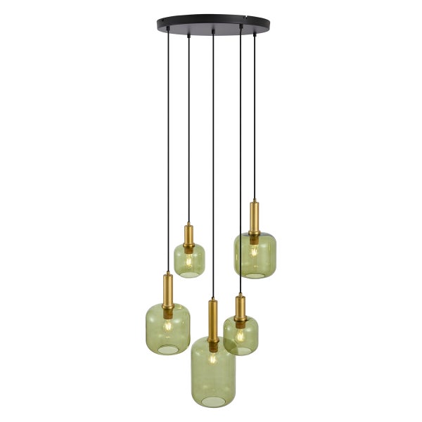 Hängeleuchte mit fünf olivfarbenen Glasschirmen und goldenen Elementen
