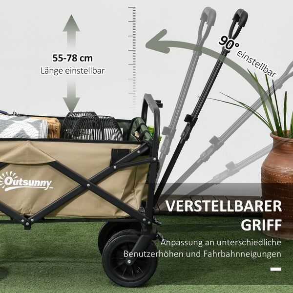 Outsunny Bollerwagen Klappbarer Lastenwagen, Transportwagen mit Griff, Strandwagen, Gartenwagen mit Tragetasche, max. 100 kg Belastbar, Oxford, Khaki