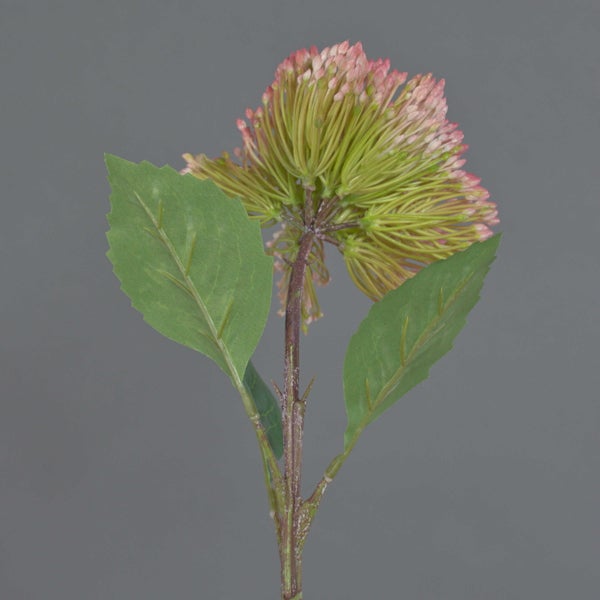 Künstliche Sedum-Blüte am Stiel mit zwei grünen Blättern und knospigem Blütenstand