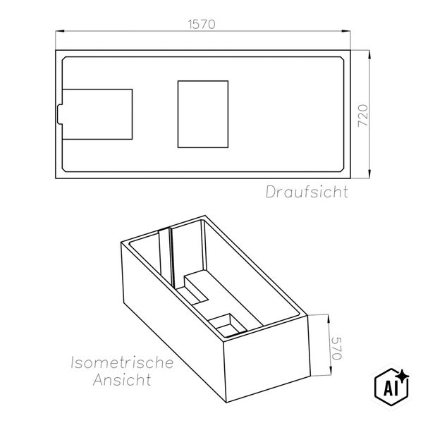 Technische Zeichnung mit Draufsicht und isometrischer Ansicht einer Badewanne mit Maßen von 1570 mal 720 mal 570 Millimetern.