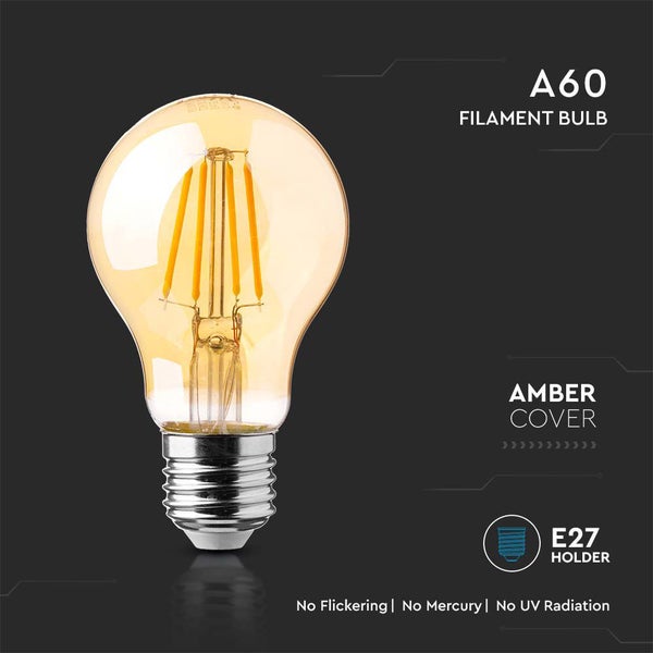 V-TAC Filament LED Leuchtmittel A60 in der Verpackung, 12 Watt entspricht 90 Watt, 1350 Lumen, 300 Grad Abstrahlwinkel.