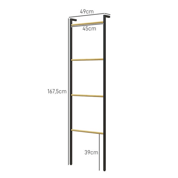 Handtuchleiter aus Metall und Holz mit 4 Sprossen, Höhe 167,5 Zentimeter, Breite 49 Zentimeter.