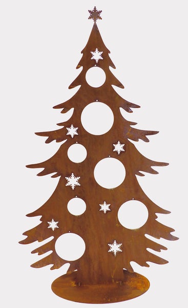 Dekorativer Weihnachtsbaum aus Metall mit Schneeflockenmuster und Christbaumkugelformen